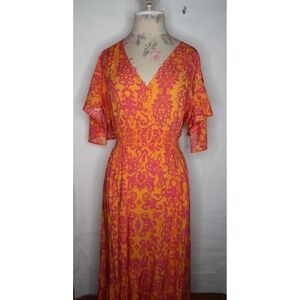 Abel The Label Women's M Orange Pink Floral Midi Dress Smocked Boho Resort NWT